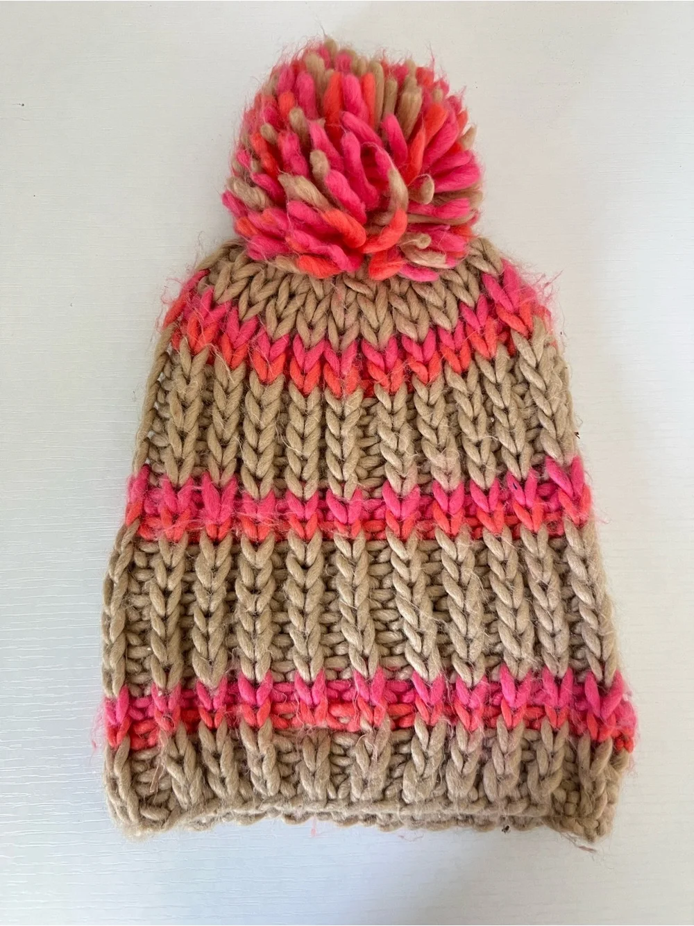 Free People tan brown pink orange striped slouchy pom pom beanie one size - Picture 6 of 6